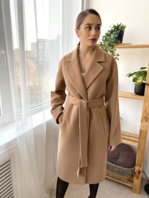 Якісне кашемірове демісезонне пальто з поясом 50