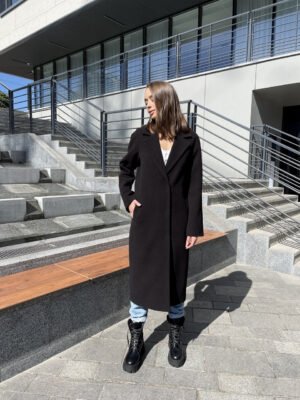 Чорне зимове утеплене жіноче кашемірове пальто преміум якості 52