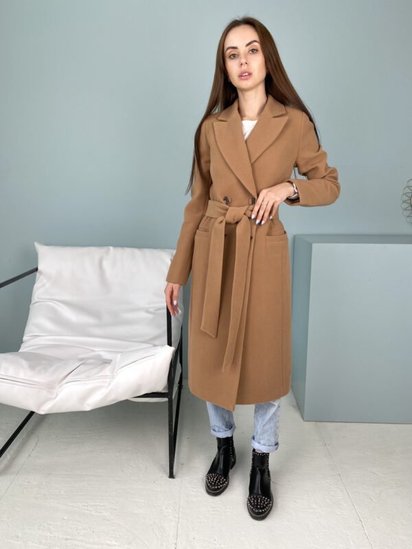 Жіноче довге пальто кашемір з поясом кольору кемел 40-52 42