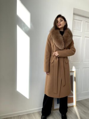 Зимове класичне розкішне кашемірове жіноче пальто з хутром песця 46