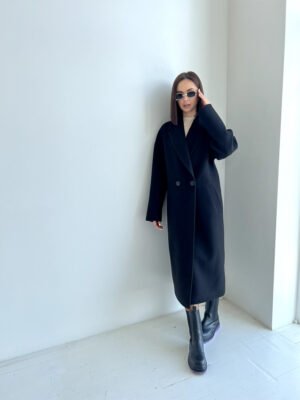 Жіноче довге пальто вільного крою чорний кашемір з поясом 40-52 42