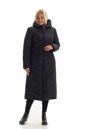 Довгий жіночий зимовий чорний пуховік батальних розмірів