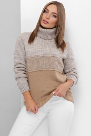 Жіночий теплий светр зимовий із високим коміром під горло колір бежевий капучино