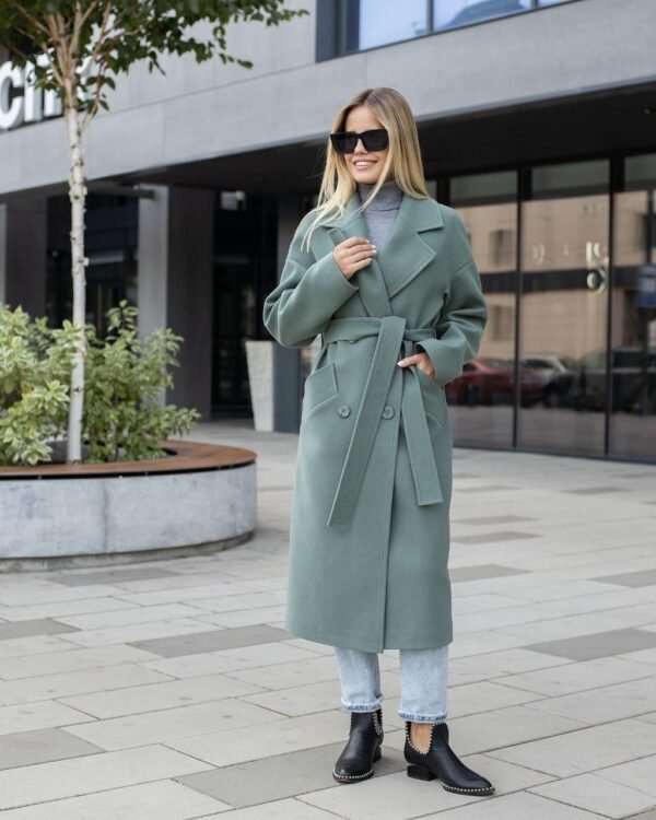 Якісне жіноче кашемірове двобортне пальто в оливковому кольорі