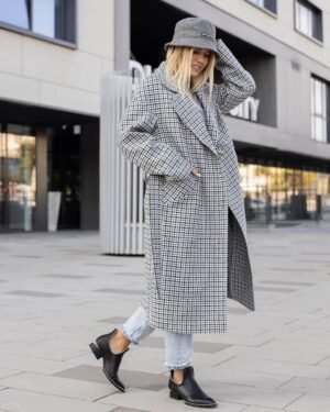 Актуальне жіноче двобортне довге пальто з принтом гусяча лапка 52