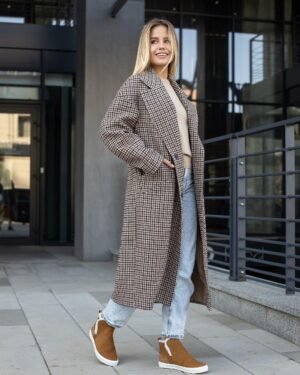 Актуальне жіноче довге пальто з принтом гусяча лапка темна 42