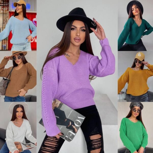 Жіночий модний светр однотонний з V-подібним вирізом.