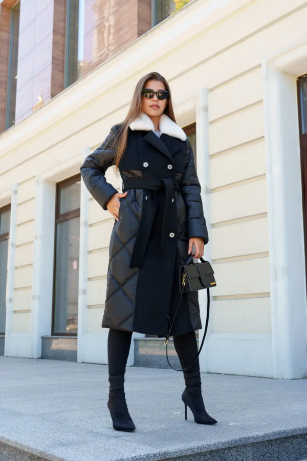 Елегантне зимове комбіноване пальто з хутряним коміром 54