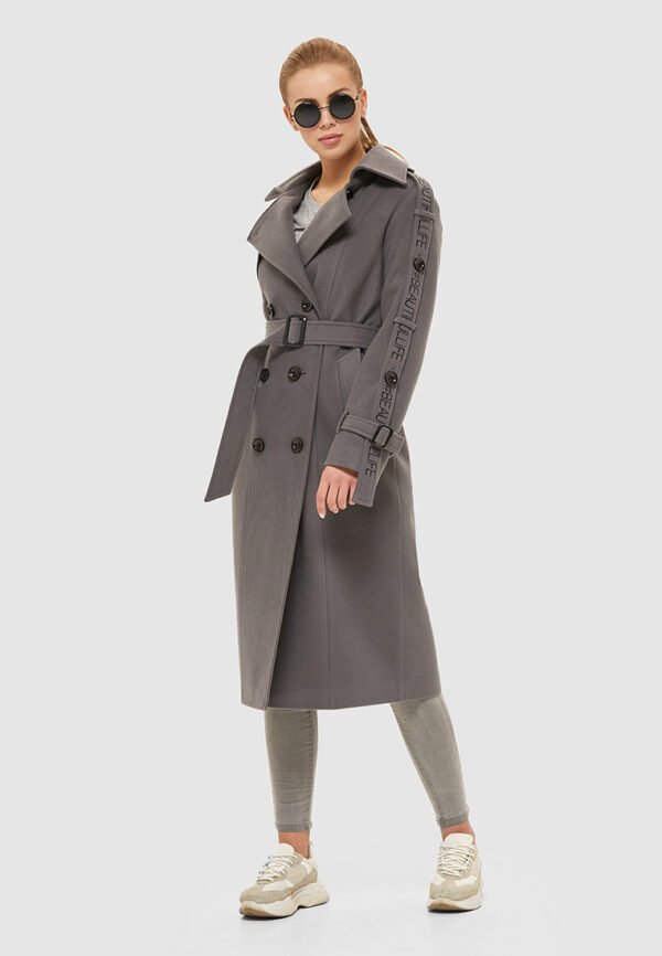 Сіре темне жіноче демісезонне пальто з італійської вовняної тканини з перелиною і патами