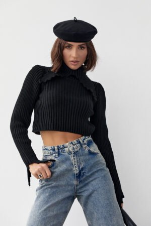 Укорочений молодіжний светр із рельєфною горловиною та рукавами чорний колір, модель 23197 S