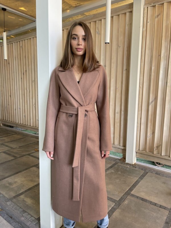 Шикарне утеплене вовняне демісезонне довге двобортне пальто з поясом