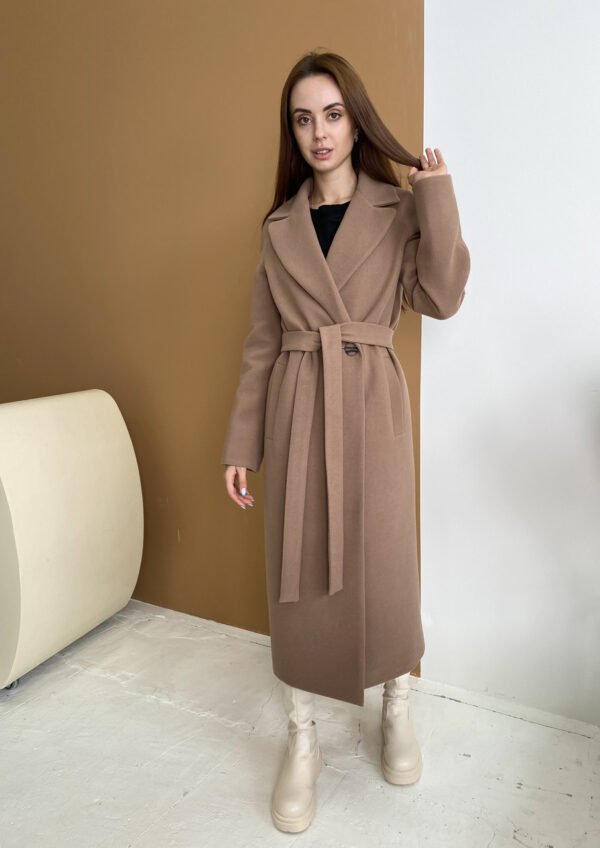 Двобортне утеплене жіноче довге кашемірове пальто з поясом