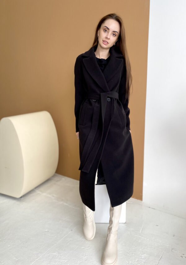 Преміальне утеплене жіноче чорне кашемірове довге пальто з поясом