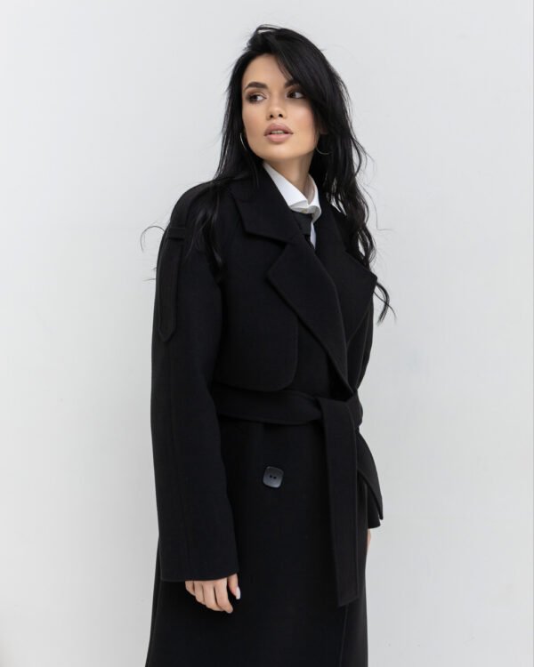 Утеплене довге жіноче чорне двобортне класичне пальто, єврозима 48