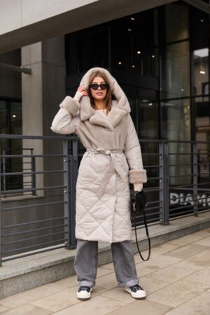 Зимове сіре жіноче комбіноване пальто з капюшоном