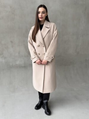 Утеплене якісне брендове брендове кашемірове жіноче двобортне пальто з розрізами, осінь, єврозима