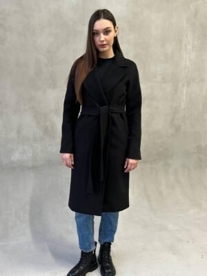 Демісезонне чорне двобортне жіноче розкішне кашемірове пальто з поясом 48
