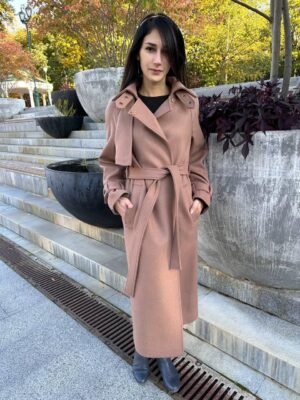 Жіноче утеплене довге пальто тренч з патами, поясом, шліцом, пелериною, осінь, єврозима