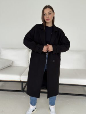 Утеплене актуального жіноче кашемірове пальто оверсайз чорного кольору, осінь, єврозима