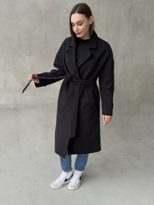 Утеплене актуального жіноче кашемірове пальто оверсайз чорного кольору, осінь, єврозима 42