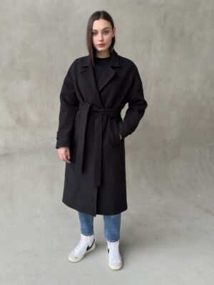 Чорне довге жіноче зимове утеплене утеплене кашемірове пальто оверсайз вільного крою 44
