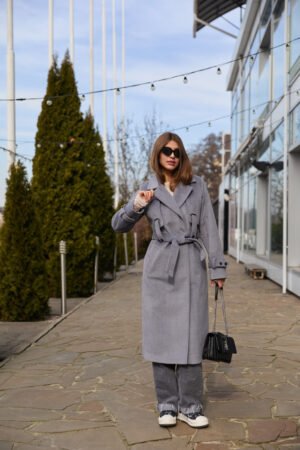 Жіноче класичне кашемірове довге базове сіре пальто з поясом, довге кашемірове