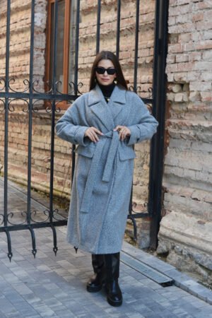 Демісезоннесіре жіноче класичне довге пальто з поясом 50