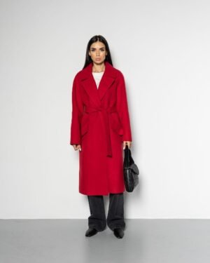 Жіноче демісезонне червоне класичне пальто халат на запах із високим вмістом вовни