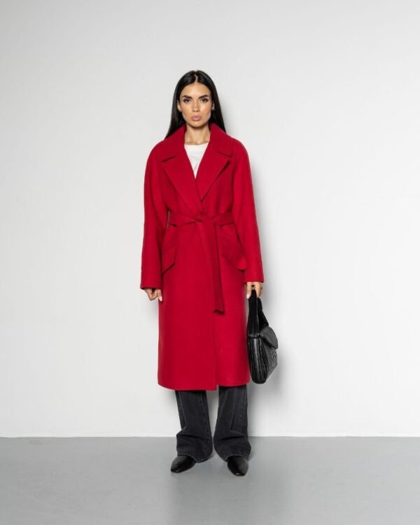 Жіноче демісезонне червоне класичне пальто халат на запах із високим вмістом вовни