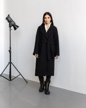 Розкішне жіноче брендове чорне демісезонне довге вовняне пальто з поясом