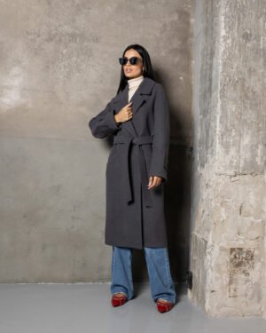 Розкішне жіноче брендове сіре демісезонне довге вовняне пальто з поясом