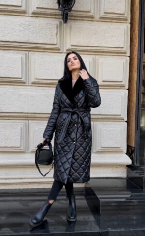 Зимове якісне жіноче тепле чорне стьобане пальто з хутряним коміром, р 40-54