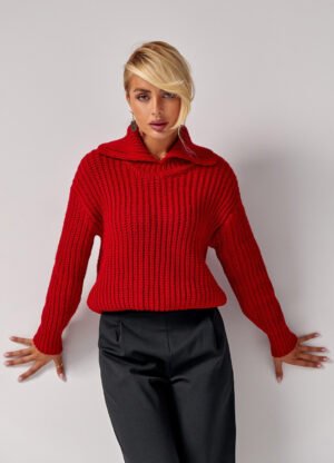 Жіночий теплий в'язаний светр з коміром поло, колір червоний. Модель 2782