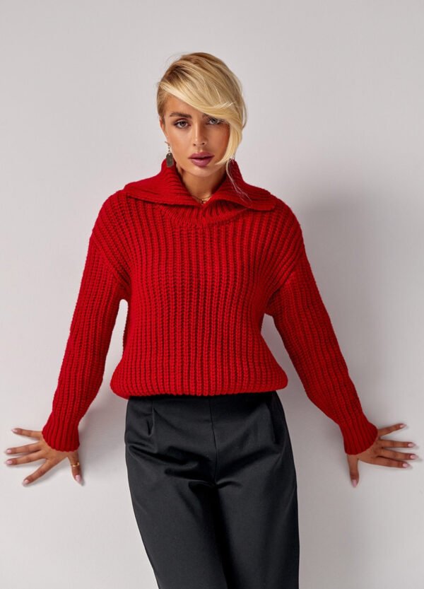 Жіночий теплий в'язаний светр з коміром поло, колір червоний. Модель 2782