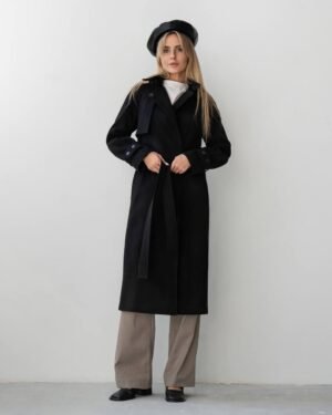 Жіноче чорне кашемірове довге розкішне жіноче пальто з перелиною, патами та поясом