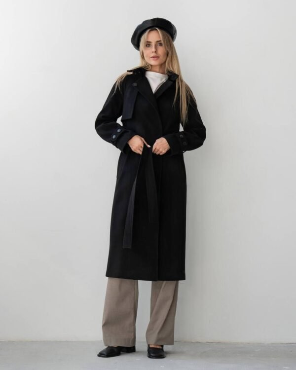 Жіноче чорне кашемірове довге розкішне жіноче пальто з перелиною, патами та поясом