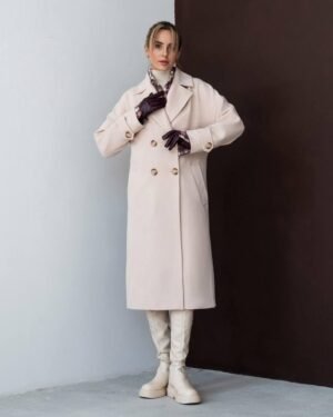 Шикарне молочне жіноче зимове двобортне тепле кашемірове пальто з поясом
