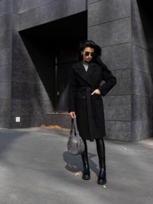 Зимове чорне кашемірове тепле двобортне жіноче утеплене пальто 42