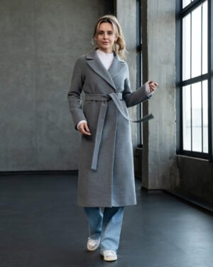 Якісне сіре кашемірове двобортне жіноче довге трендове пальто з поясом 50