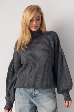 Жіночий в'язаний светр з рукавами-ліхтариками - темно-сірий цвет, ONE SIZE (є розміри)