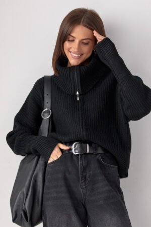 Светр жіночий в'язаний на блискавці з високим коміром, чорний колір. Модель 4176
