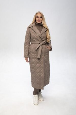 Гарне трендове демісезонне жіноче подовжене пальто з поясом