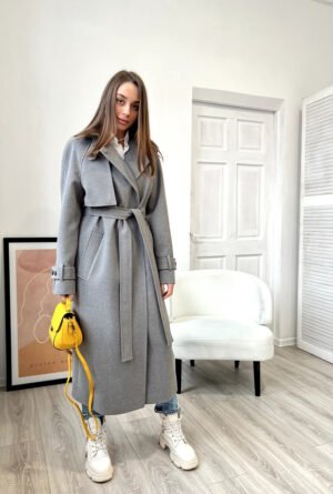 Довге жіноче кашемірове пальто сірого кольору з патами 40;42;44;46;48;50,52 52