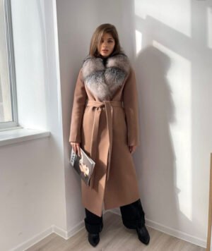 Зимовие якісне тепле брендове довге пальто з хутром лисиці 42