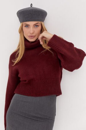 Короткий в язаний светр з високою горловиною - бордо цвет, M (є розміри) L